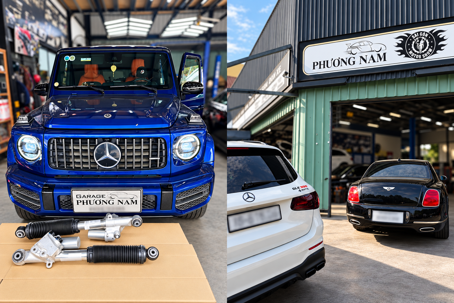 Hai ảnh ghép: Mercedes-Benz xanh cùng phụ tùng; bảng hiệu Phương Nam với Mercedes-Benz trắng và Bentley đen.