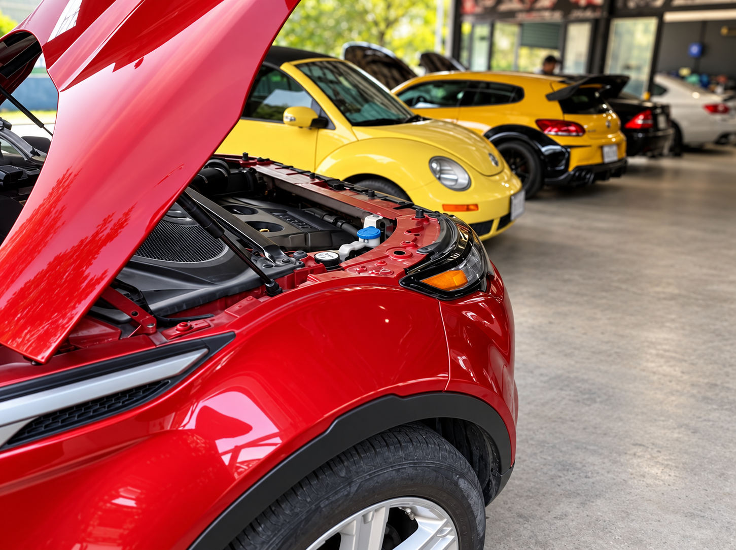Các xe mở nắp ca-pô tại khu sửa chữa.